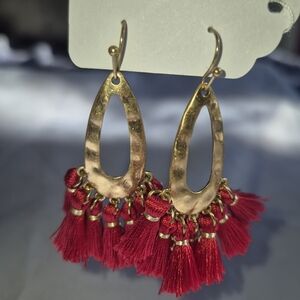 Gold Tone Red Tassel Earrings
